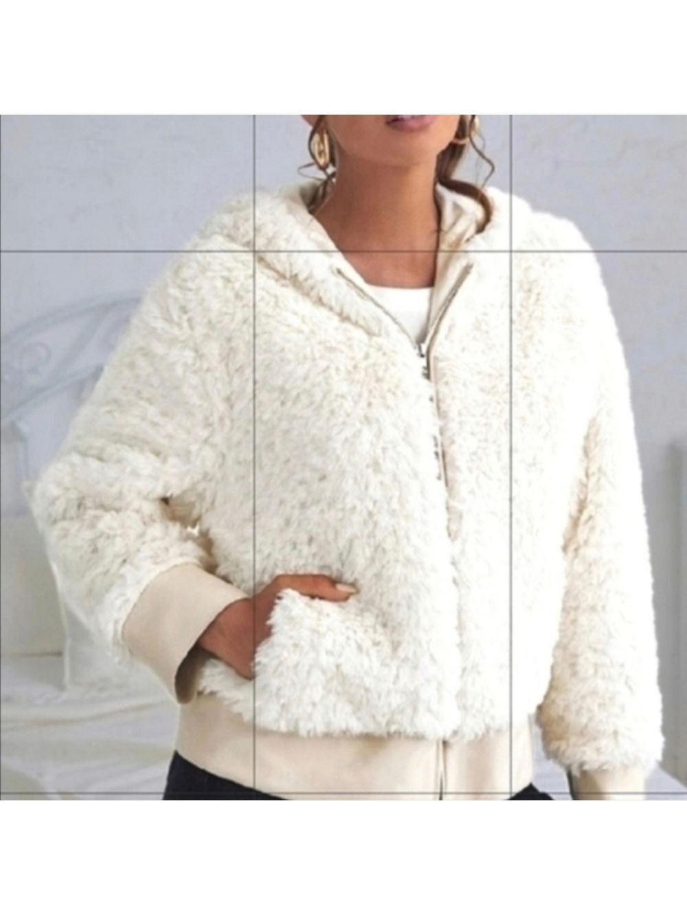Shein Teddy Jacket Zip-Up Hooded Furry Cottagecore Ribbed Pockets Cozy Warm NWOT